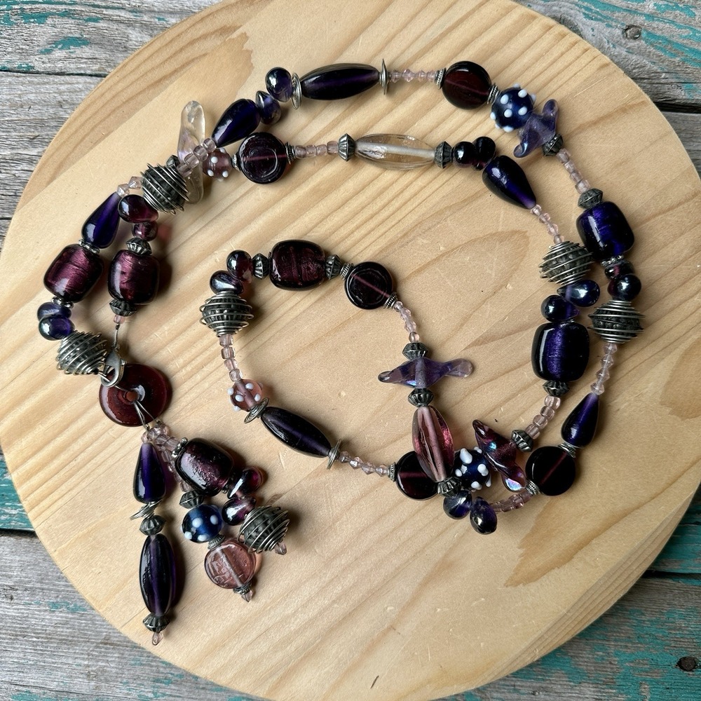 VTG Artisan Beaded Necklace 41‎ Inch Metal Art Glass Statement Tassel Multicolor